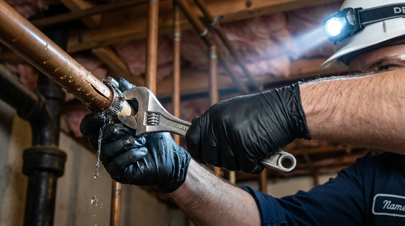 Emergency pipe clamp repair being performed by a Johns Plumbing LLC plumber in Los Altos