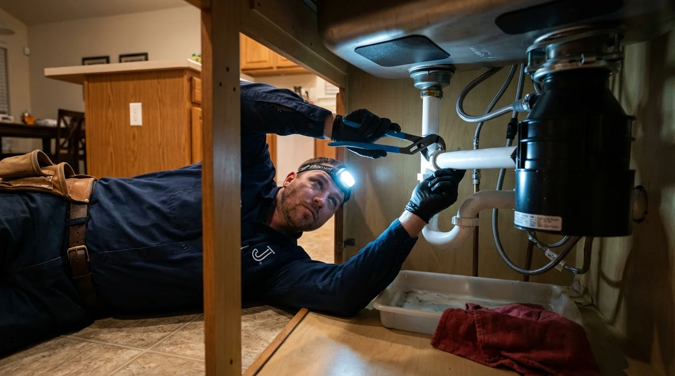 P-trap and supply line connections under a kitchen sink showing a common leak point in Los Altos, CA